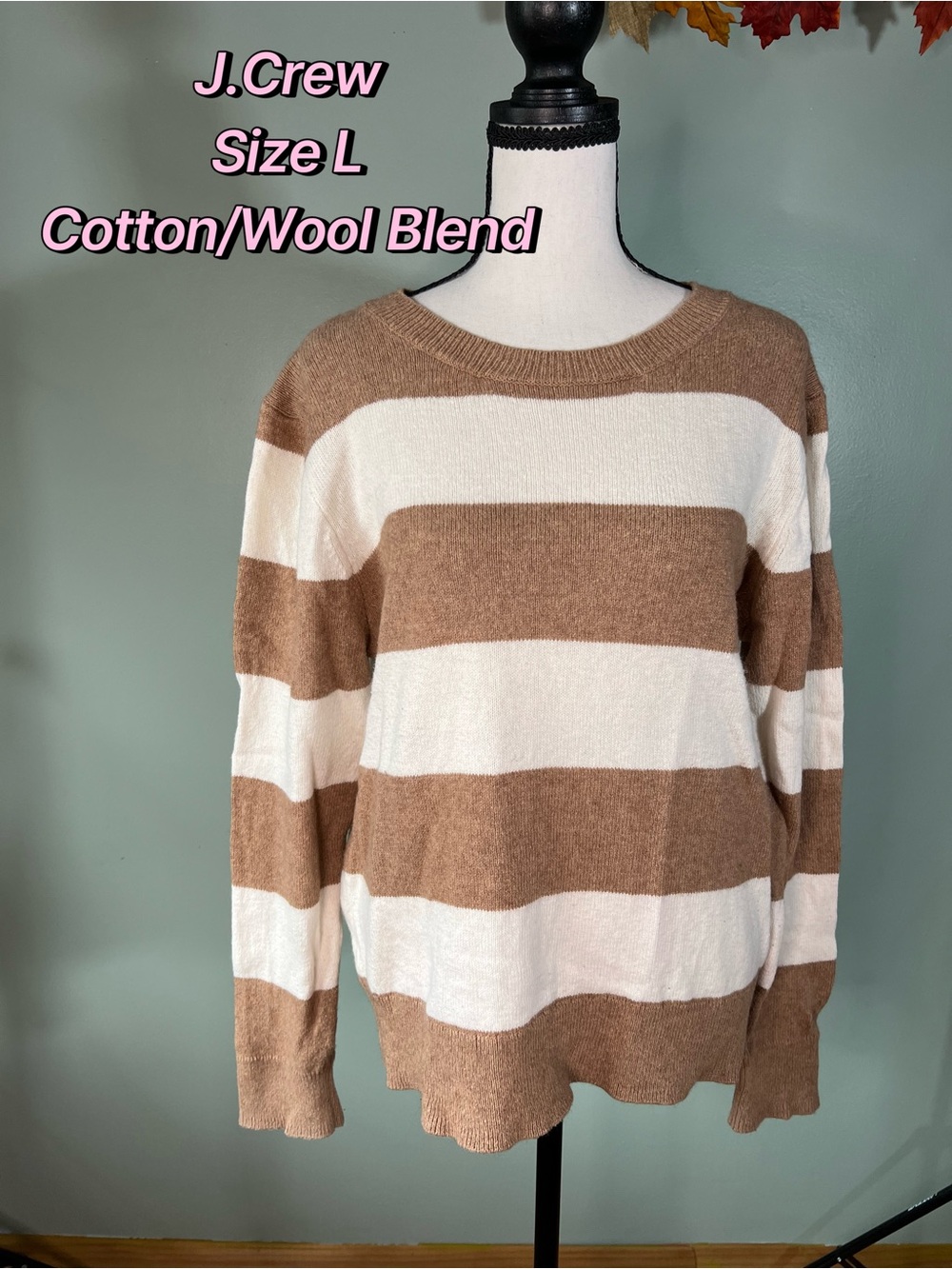 J.Crew White & Brown Striped Crewneck Sweater Size L